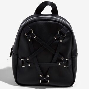 Black Faux Leather Backpack with Pentagram Harness Detail